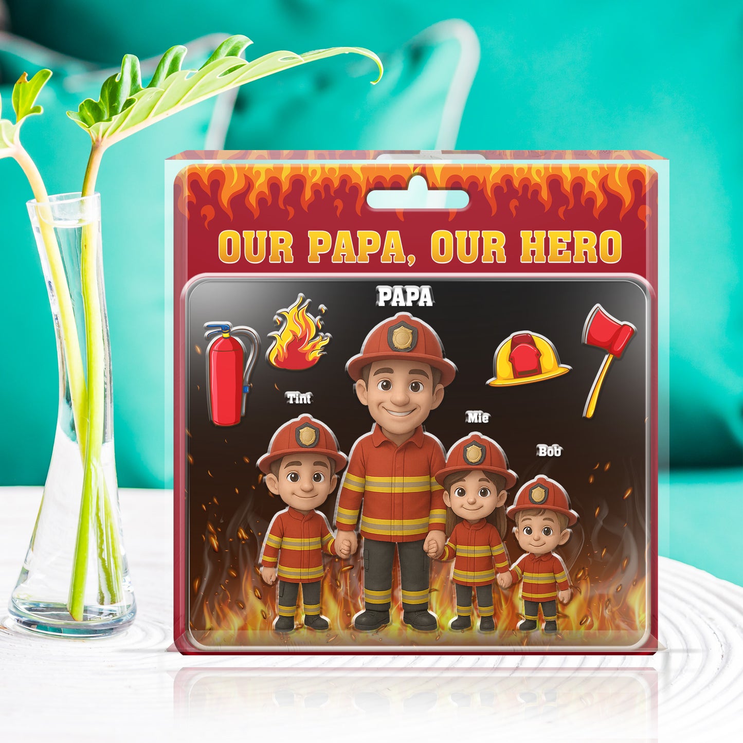Custom Firefighter Dad Gift β Personalized Family Acrylic Plaque in Toy Package Style β "Our Papa, Our Hero" Chibi Figurine Art, Father's Day or Birthday Gift