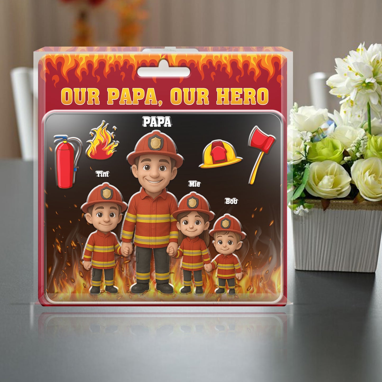 Custom Firefighter Dad Gift β Personalized Family Acrylic Plaque in Toy Package Style β "Our Papa, Our Hero" Chibi Figurine Art, Father's Day or Birthday Gift