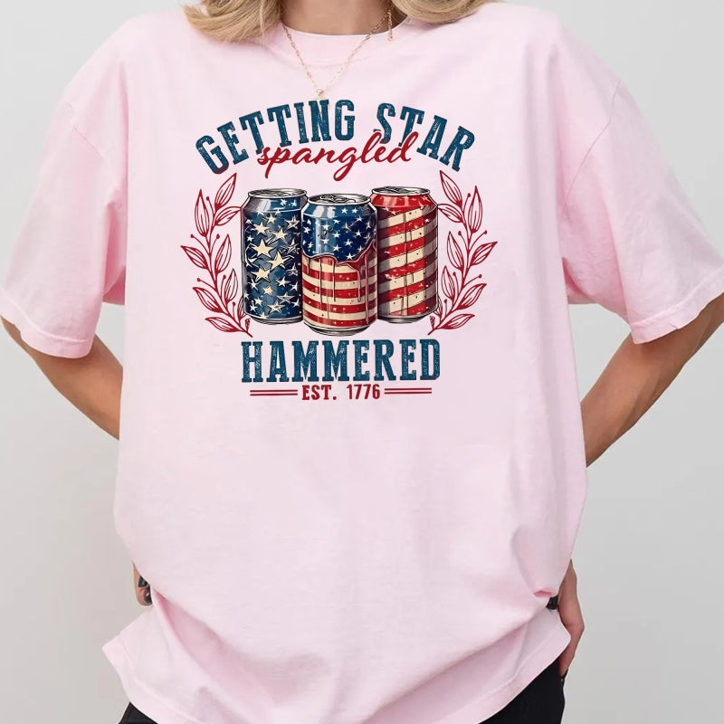Star Spangled Hammered Shirt - Funny 4th of July Beer Tee - American Flag Cans Graphic T-Shirt - USA Drinking Party Gift