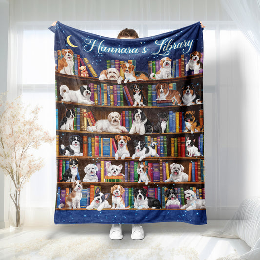 Book Lover's Blanket, Dog and library, dog and book, Personalized Books Blanket, Bookworm blanket, Custom Gift For Reading Lover, just a girl who love dog and book, daughter gift, dog mom gift, dog dad gift, dog lovers gift