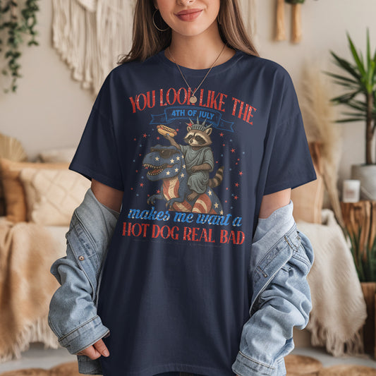 Funny 4th of July T-Shirt – Raccoon Statue of Liberty Riding T-Rex | Hot Dog Real Bad Tee | USA Patriotic Shirt | Independence Day Gift