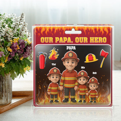 Custom Firefighter Dad Gift – Personalized Family Acrylic Plaque in Toy Package Style – "Our Papa, Our Hero" Chibi Figurine Art, Father's Day or Birthday Gift