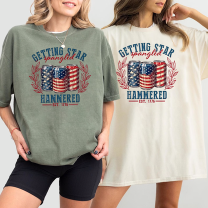 Star Spangled Hammered Shirt - Funny 4th of July Beer Tee - American Flag Cans Graphic T-Shirt - USA Drinking Party Gift