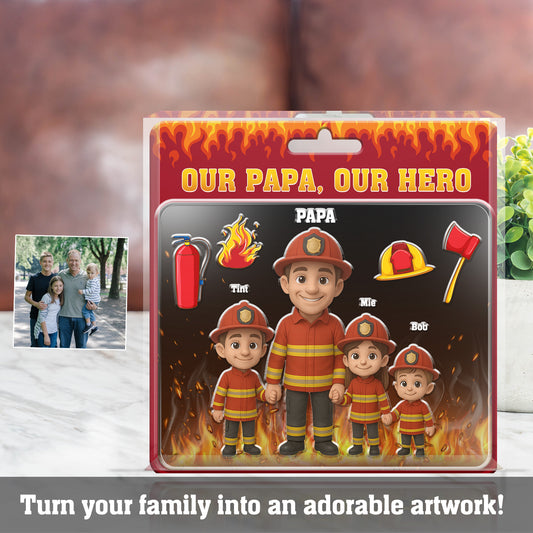 Custom Firefighter Dad Gift – Personalized Family Acrylic Plaque in Toy Package Style – "Our Papa, Our Hero" Chibi Figurine Art, Father's Day or Birthday Gift