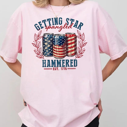 Star Spangled Hammered Shirt - Funny 4th of July Beer Tee - American Flag Cans Graphic T-Shirt - USA Drinking Party Gift